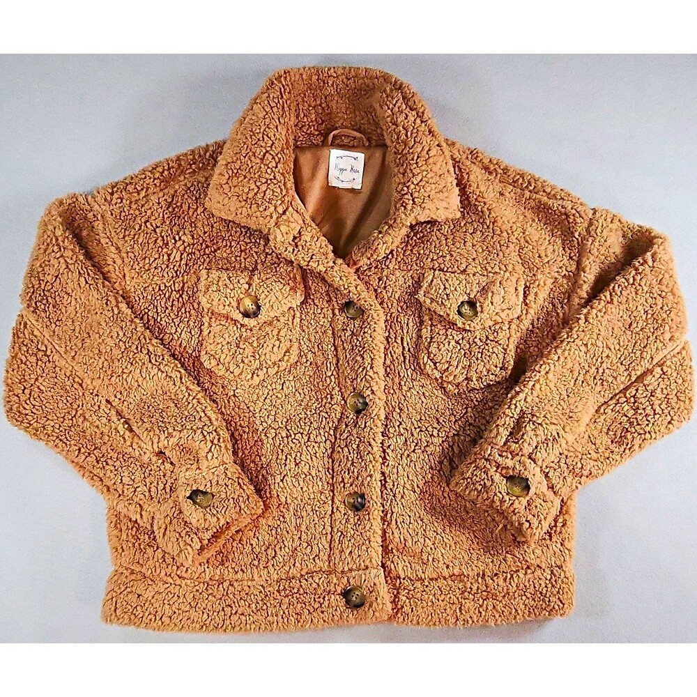 Hippie Rose Women’s L Brown Faux Fur Teddy Short Jacket Button Front Pockets